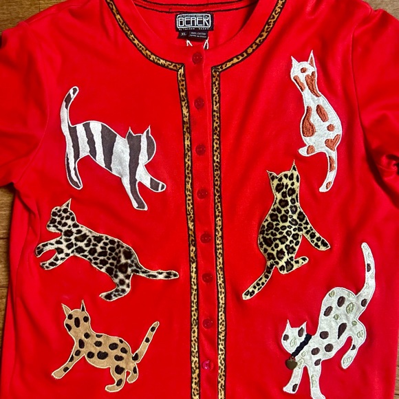 Berek • X-Large • Red • Multi-Color Cats • Embroidery • Cardigan Sweater - Picture 3 of 13